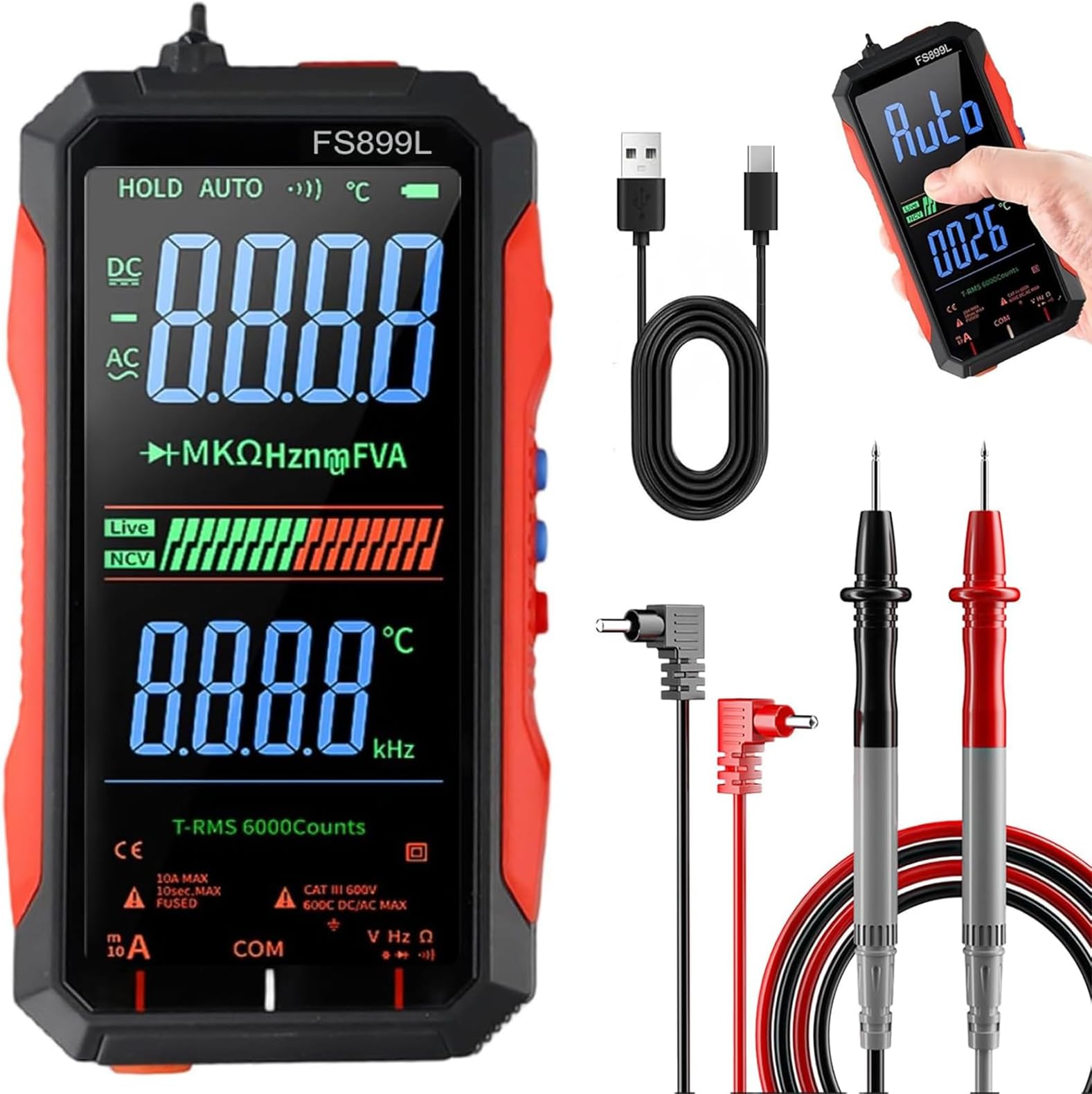 Digital Multimeter Tester USB Rechargeable 6000 Counts True RMS AC/DC Voltage Tester Automatic Digital Display Multimeter Tester for Home and Industrial Electrical Issues (FS899L)