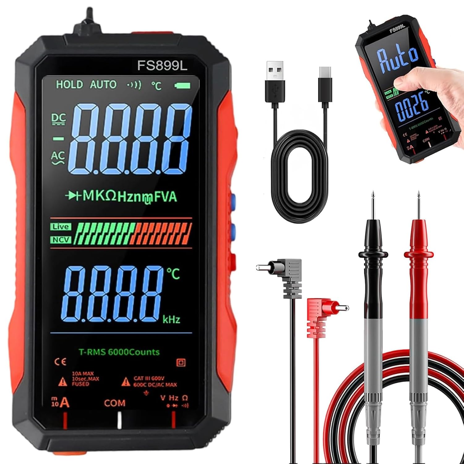 FS899L Digital Multimeter with Color Screen,USB Rechargeable Digital Multimeter for Car Home and Industrial Electrical Issues(FS899L)