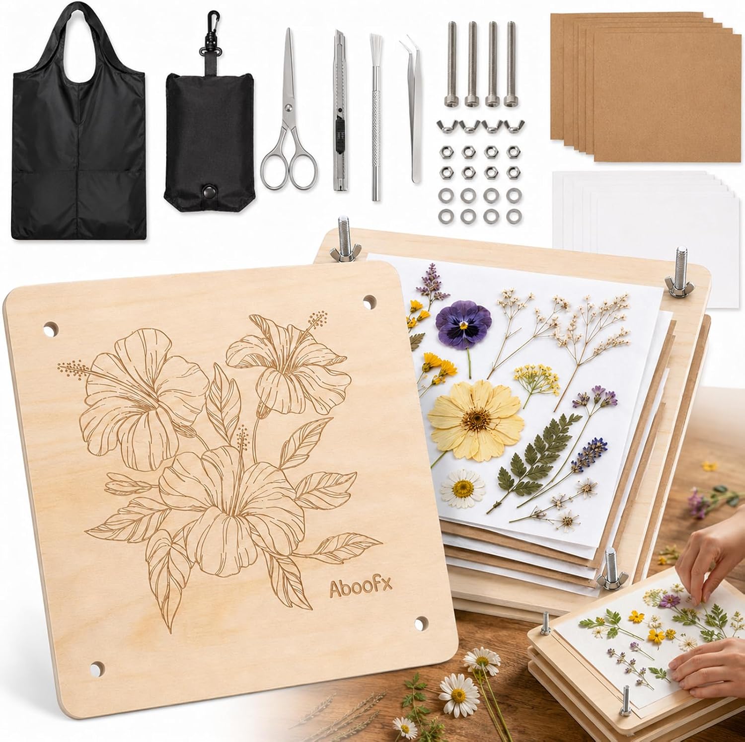 Flower Press Kit 11x11 Inch: Flower Press for Larger Flowers and Leaves | 10 Layers for Pressed Flowers Completeness - Easy to use - Dried Flower Art - Ideal Gift for Nature & Craft Lovers