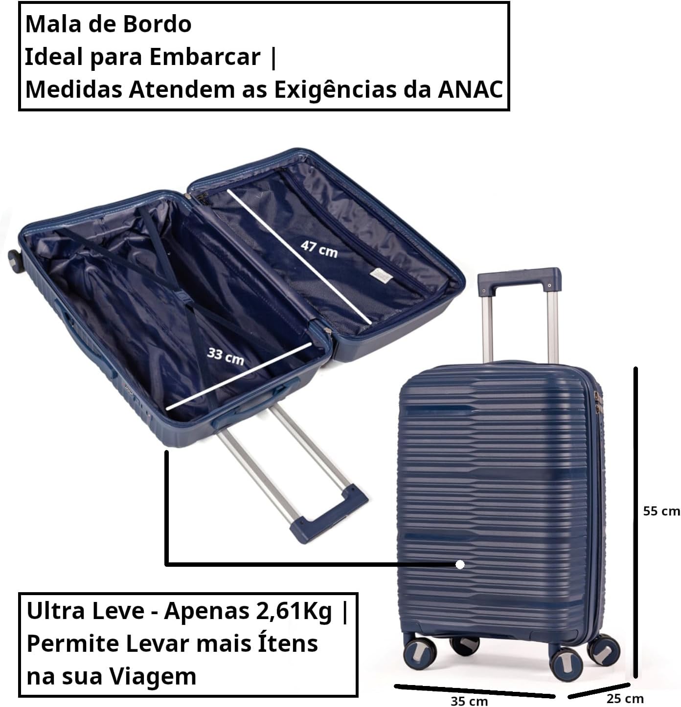 Mala De Bordo 10Kg Polipropileno Medidas 55x35x25 Padrão Anac Mala De Viagem Pequena De Mão 4 Rodas Duplas 360° Cadeado Segredo Zíper Antifurto Rígida Leve (AZUL, PEQUENA)