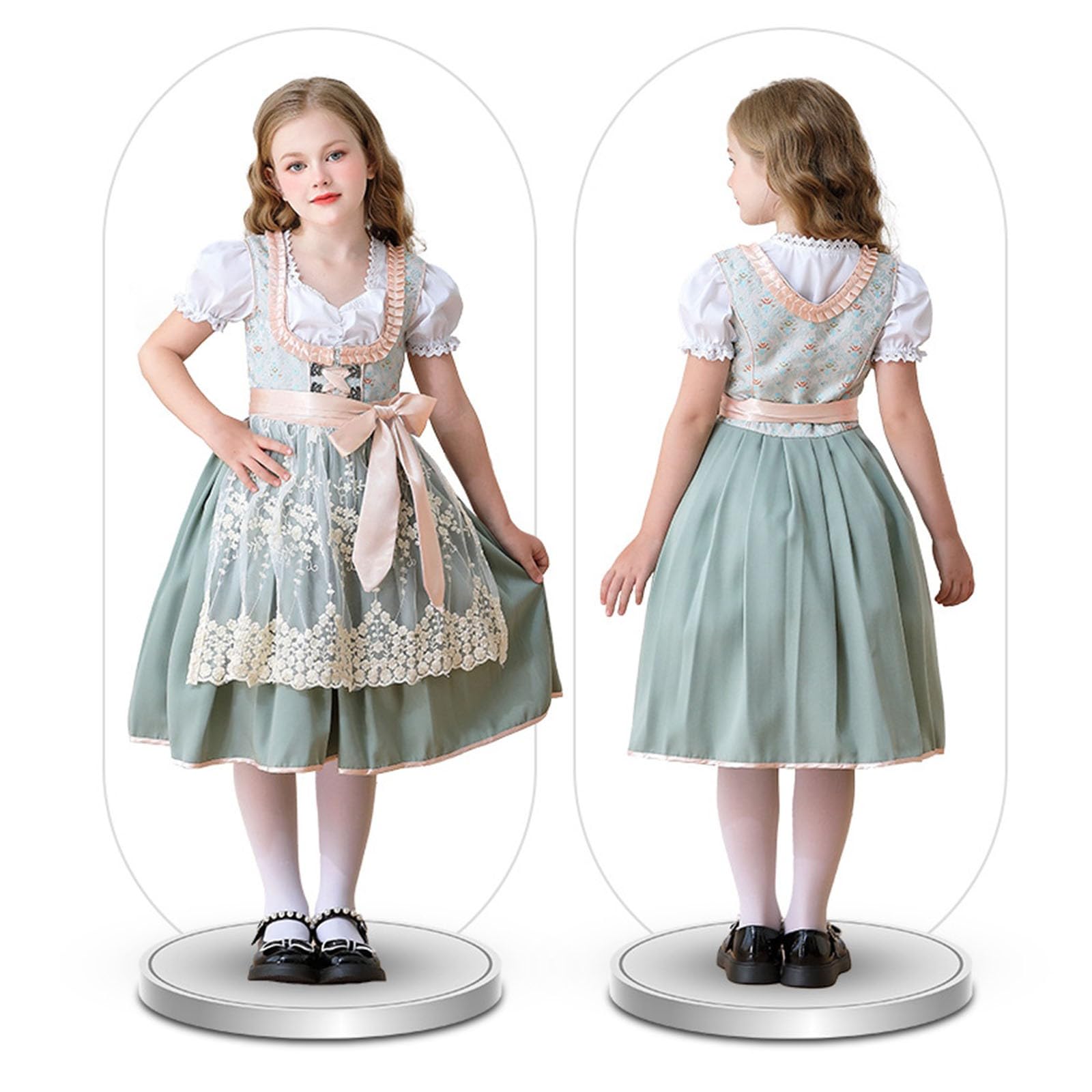 Mädchen Dirndl Set Oktoberfest 3-teilig Kinderdirndl Kinder Dirndlbluse Schürze Set Trachten Midi Kleid Bierfest Spitze Kleider Bayerisches Trachtenkleid Spitze Elegant Dress Festlich Kleidung