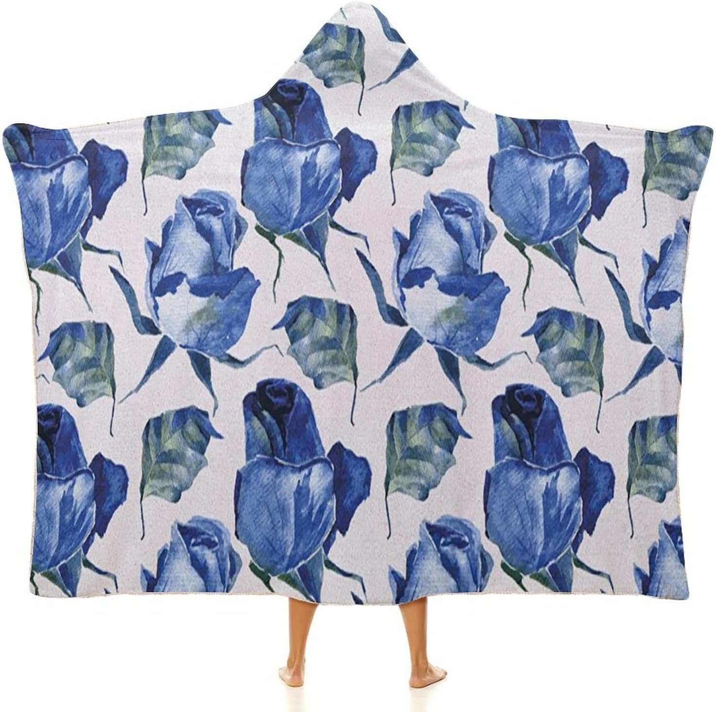 Throw Blankets, Watercolor Women Men Hooded Blanket, Hand Drawn Roses and Leaves Abstract, Soft Warm Cozy, 40 x 50inches, Gifts for Women Adults Girls and Kid, Violet Blue Slate Blue