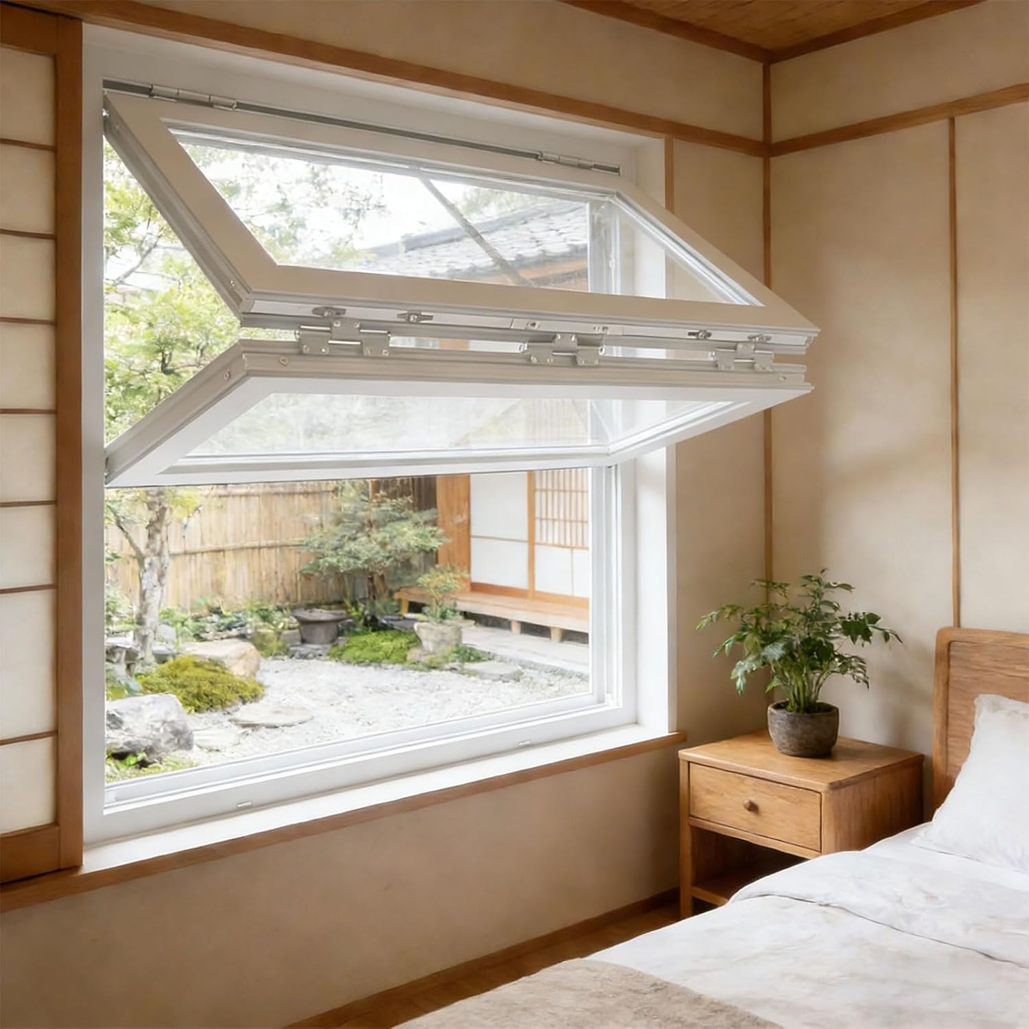 Folding Concession Serving Window with Glass & Lock，Lift-Up Tempered Glass Concession Serving Window with Free Hover，White_44x40in (112x102cm)