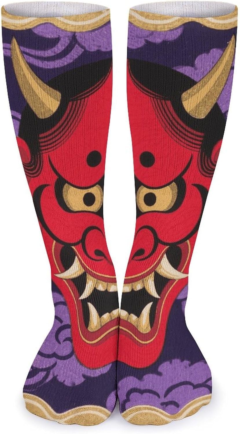 5-Pack Knee High Socks, 15.7 Inch Breathable Casual Socks Red Oni Mask Stockings for Men Women