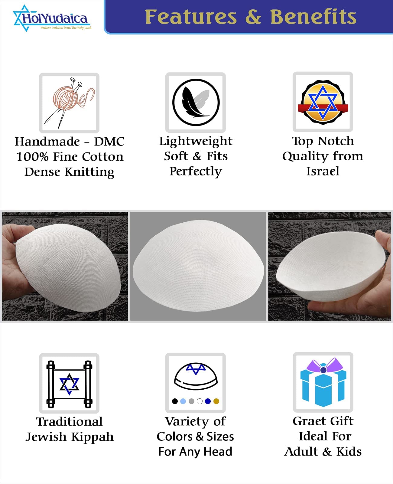 Hand Made 100% Cotton DMC Hand Knitted Kippah Hat from Israel, Yamaka Jewish Hats for Men, Yarmulke Hat