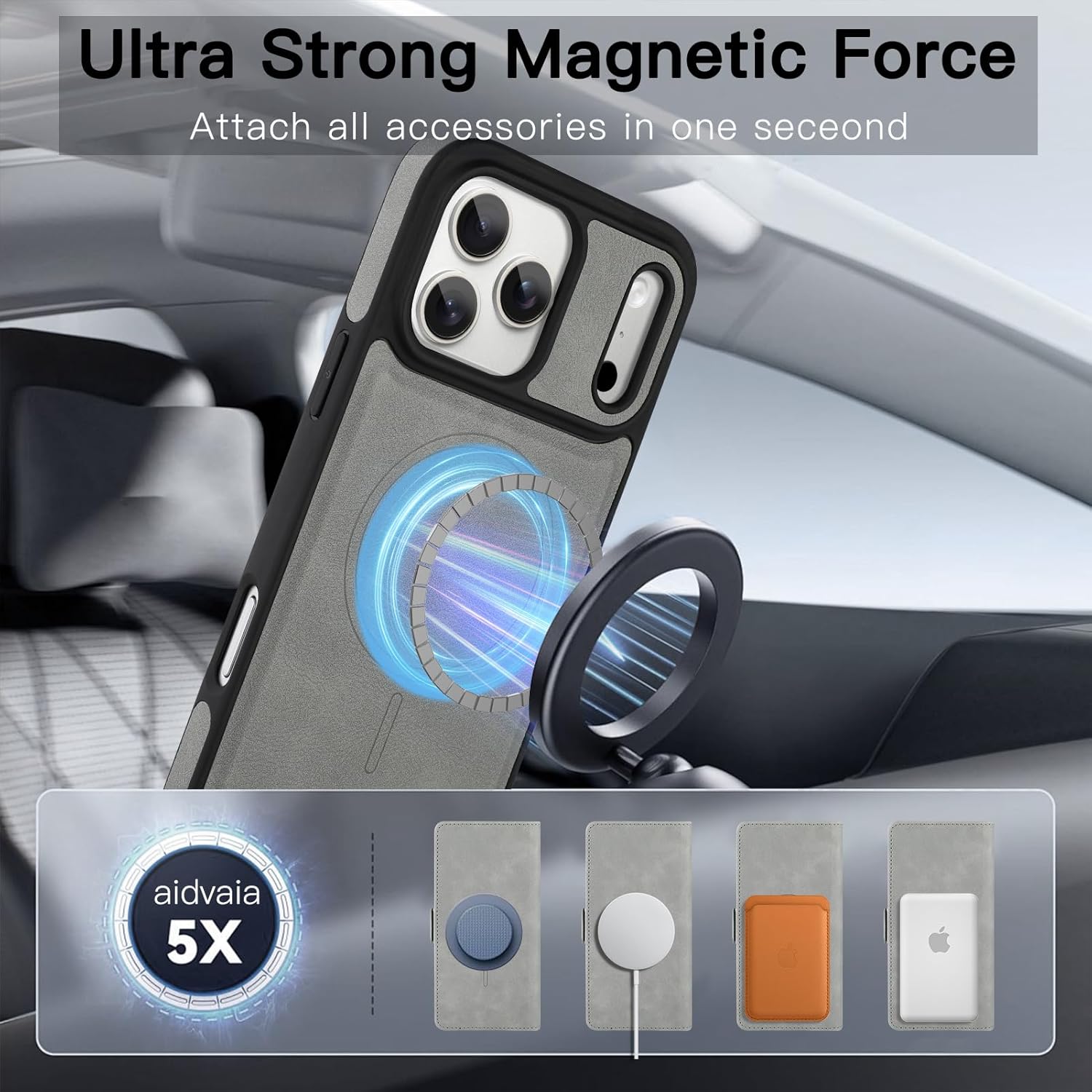 Magnetic Wallet Phone Case Compatible with iPhone 17 Pro Max, Card Slots PU Leather. Grey