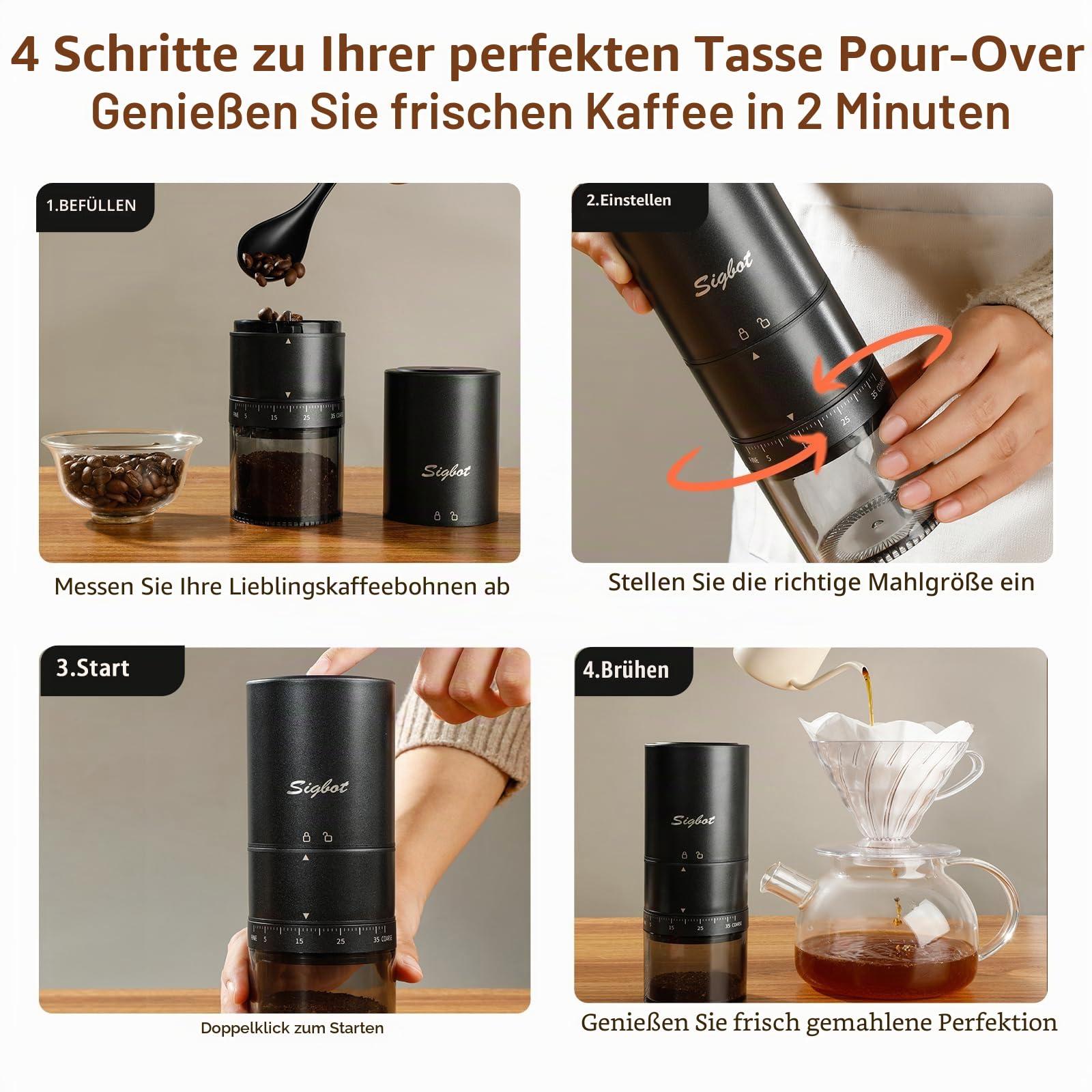 SIGBOT Elektrische Kaffeemühle Kegelmahlwerk - 38 Externe Mahlstufen, Wiederaufladbare Kaffeemühlen mit Edelstahlkern, Kompakte Kaffee-Mühle, Tragbar für Camping & Reise, Klein, 570g