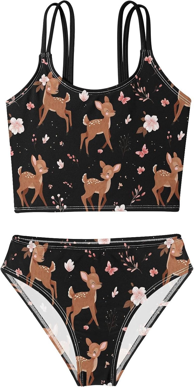 visesunny Girls Two Piece Swimsuits Smile Deer Floral Girl's Bikini Sets Bathing Suits for Girls Size 5-12Y