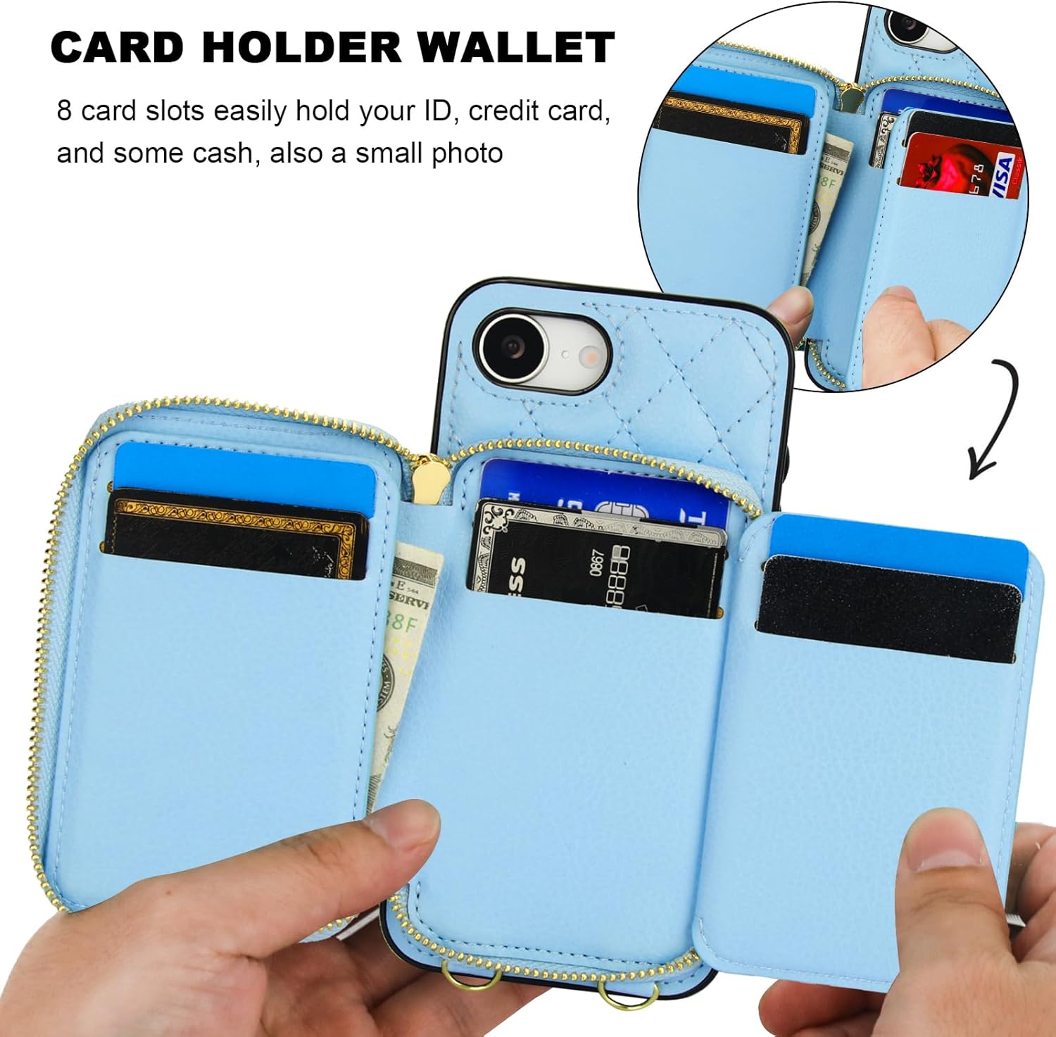 Bocasal Crossbody Wallet Case for iPhone 17e/16e, RFID Blocking PU Leather Zipper Handbag Purse Flip Cover, Kickstand Folio Case with Card Slots Holder Wrist Strap Lanyard 6.1 Inch 5G (Blue)