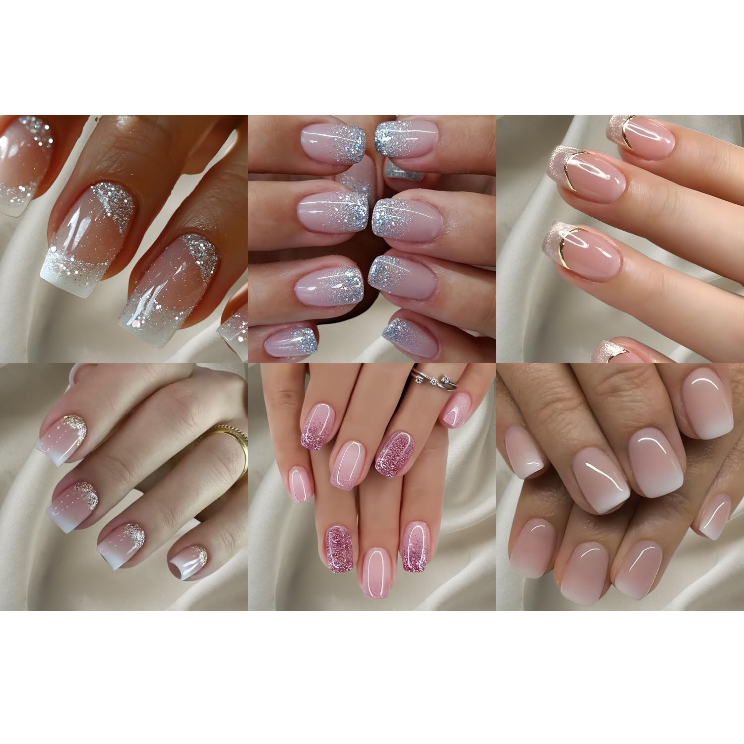 6 Packs(144Pcs) Press On Nails Short Square Fake Nails Silver Pink Glitter Acrylic Nails French Nail Press Ons Gradient Glue On Nails Glossy False Nails Kit For Women