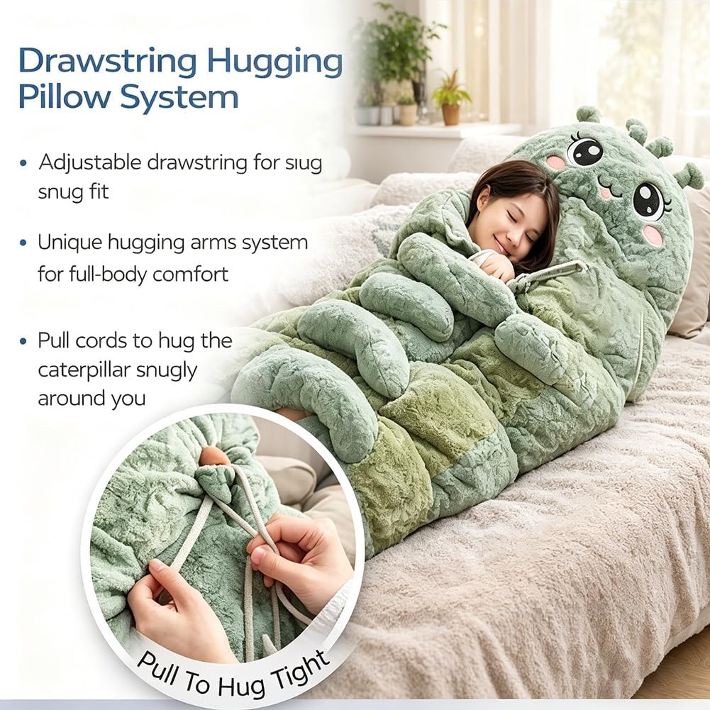 Hugging Caterpillar Sleeping Bags Plush Cocoon Full Body Lounger for Adults Indoor Nap Pod Cozy Reading Nest Soft Pull Cord Plush Comfort Breathable Portable Lightweight Home Office Rest Sleeping Bag