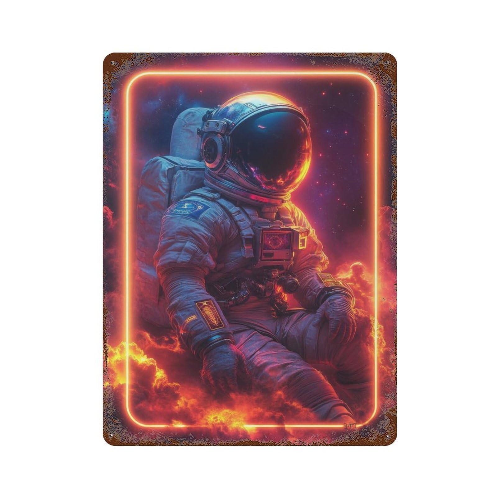 Astronaut In Neon Frame Rusty Metal Tin Sign 15.7"x11.8", Ideal for Patio, Garden Room And Bar Decor