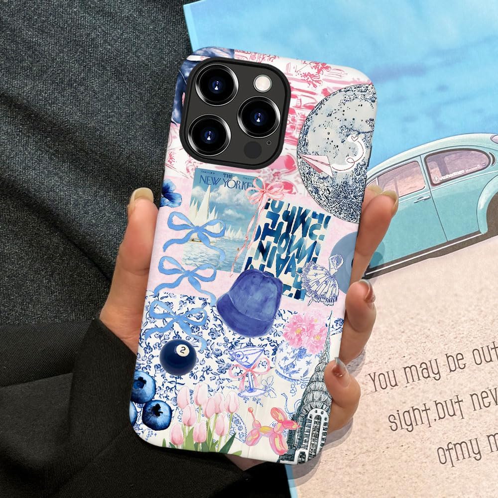 Generic Case Compatible with iPhone 16 Pro,Scratch Resistant Hybrid 2-Layer Hard Shell Phone Case,Ball Blue Bow Flower Collage Aesthetic - Image 5