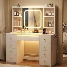 JBDT001WT Dressing Table with Adjustable LED Lighting and Sockets, Makeup Mirror with Jewelry Storage, 9 Drawers, 7 Compartments, Hair Dryer Stand, Bedroom - White