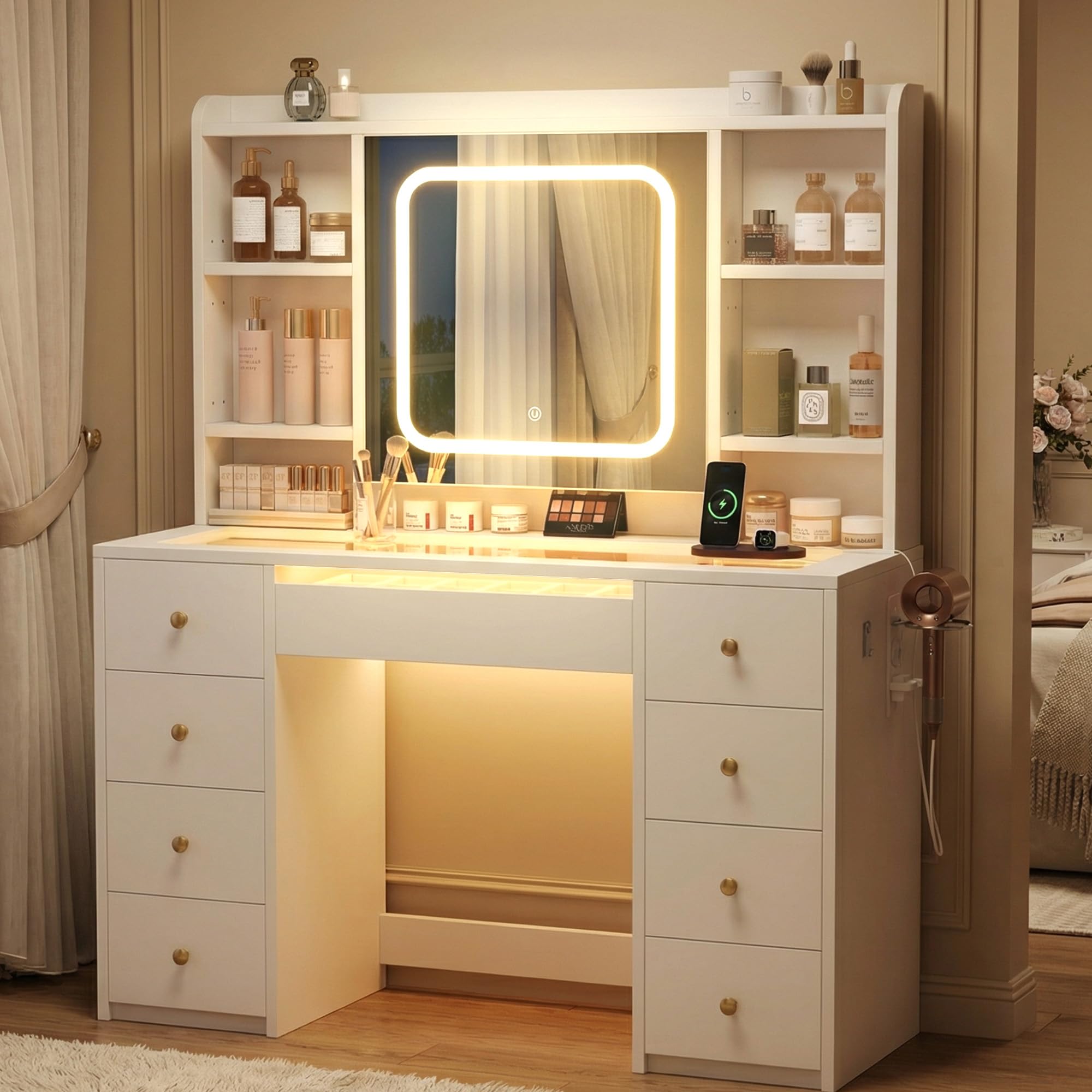 Toeletta Trucco con Luci LED Regolabili e Prese, Tavolo da Trucco con Specchio, Organizer, 9 Cassetti, 7 Ripiani, Porta Phon, per Camera da Letto e Cabina Armadio, Bianco JBDT001WT
