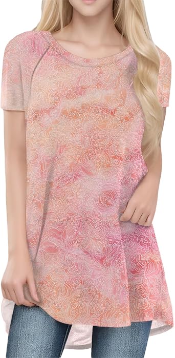 Flowy Tops for Women Loose Fit Pink Scroll Floral Print T Shirts Casual Crewneck Short Sleeve Tunic Blouses Trendy Vintage Irregular Hem Work Pullover 2025 Summer Lightweight Going Out Clothes,3XL