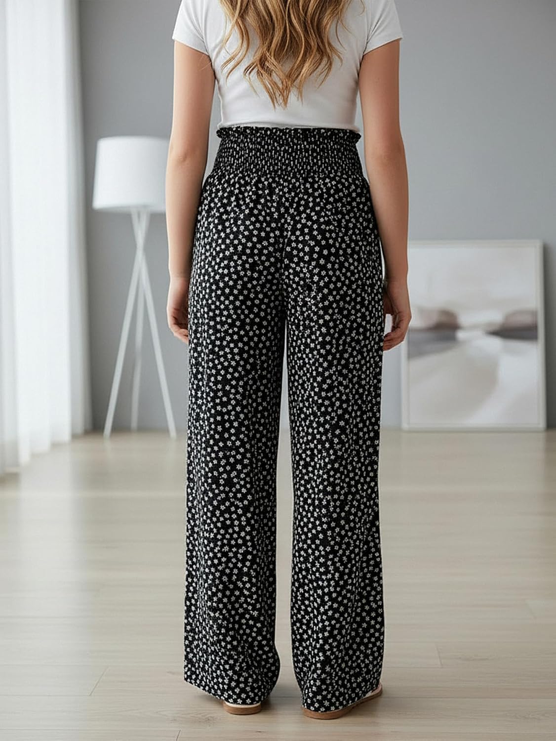 OYOANGLE Girl's Floral Print Smocked High Waisted Pants Lightweight Flowy Palazzo Trousers
