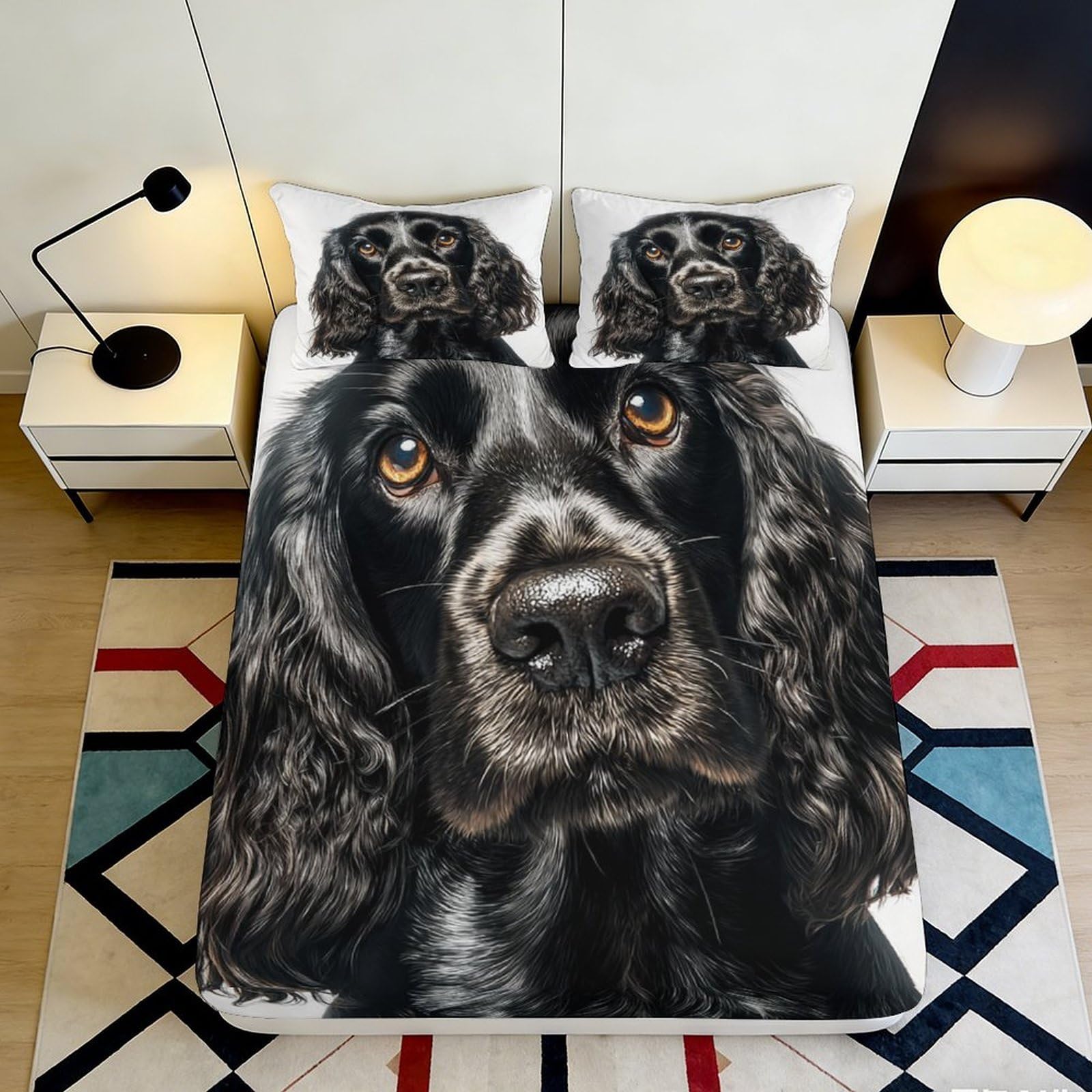 3D Printed Black Spaniel Dog Fitted Sheet Microfiber Soft Breathable Animal Bed Cover for Bedroom Guest Room Decor 90x200x25cm