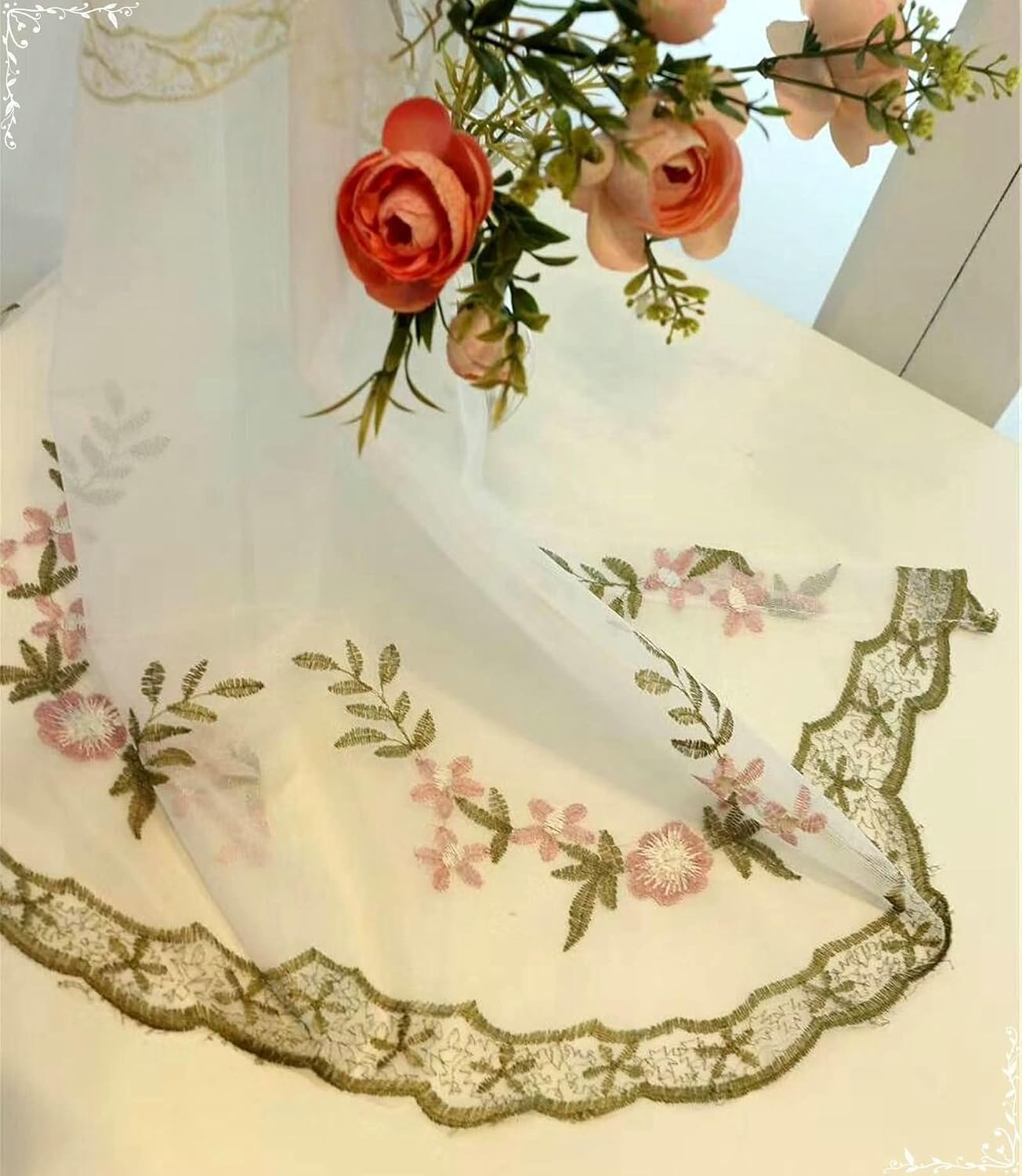 Daesar Sheer Curtains for Bedroom 2 Panels 84 Inch Length, Eyelet Transparent Curtains Embroidered Flowers with Wavy Border Voile Window Treatment for Living Room, 42x84 Inch Pink Green