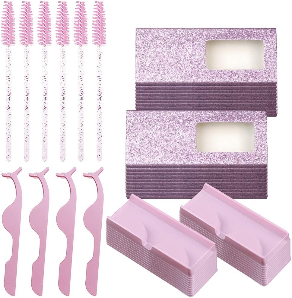 80 Pieces False Eyelash Storage Box, Pink False Eyelash Tool Set Empty False Eyelashes Eyelash Brush Case Eyelashes Clip Cosmetic Tools (Pink)