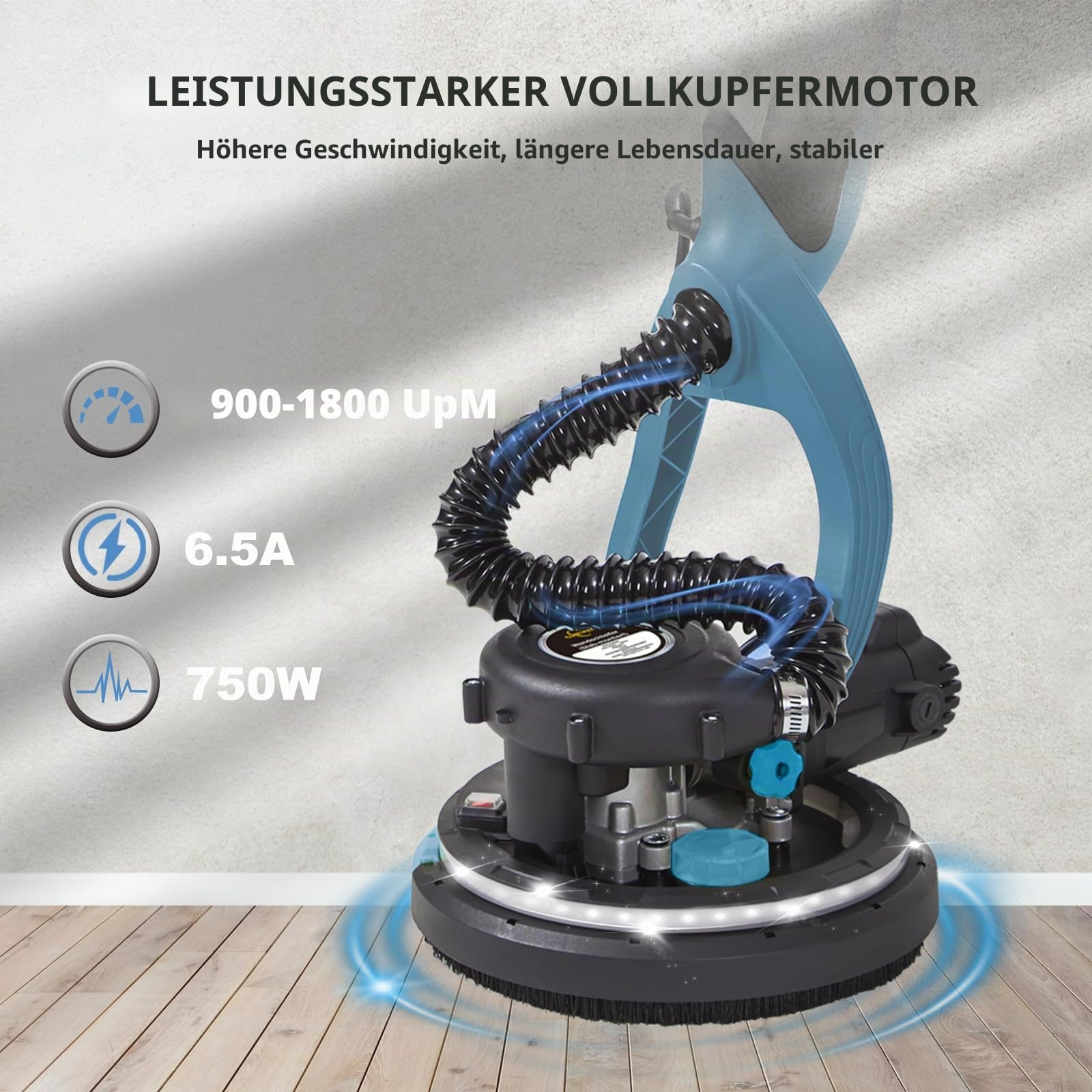 Giraffenschleifer, 750 W, professionell, mit automatischem Vakuumsystem und LED-Licht, Wand- und Teleskop-Deckenschleifer, Durchmesser 215 mm, 7 Geschwindigkeitsstufen, 900-1800 U/min (blau)