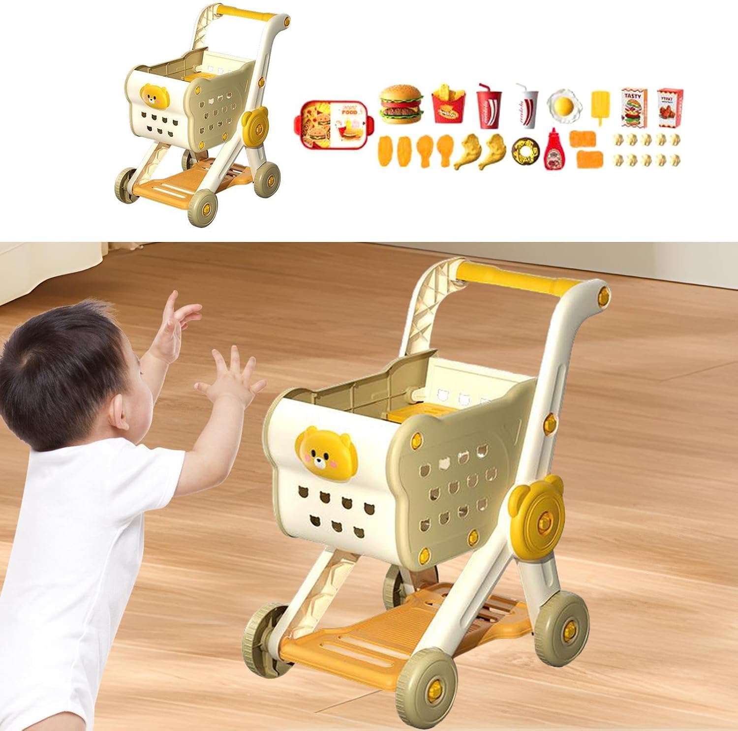 Kids Shopping Cart Toys Set Role Playing Games Interactive Mini Shopping Cart Pretend Playing Simulation Desk Storage Toys, Beige