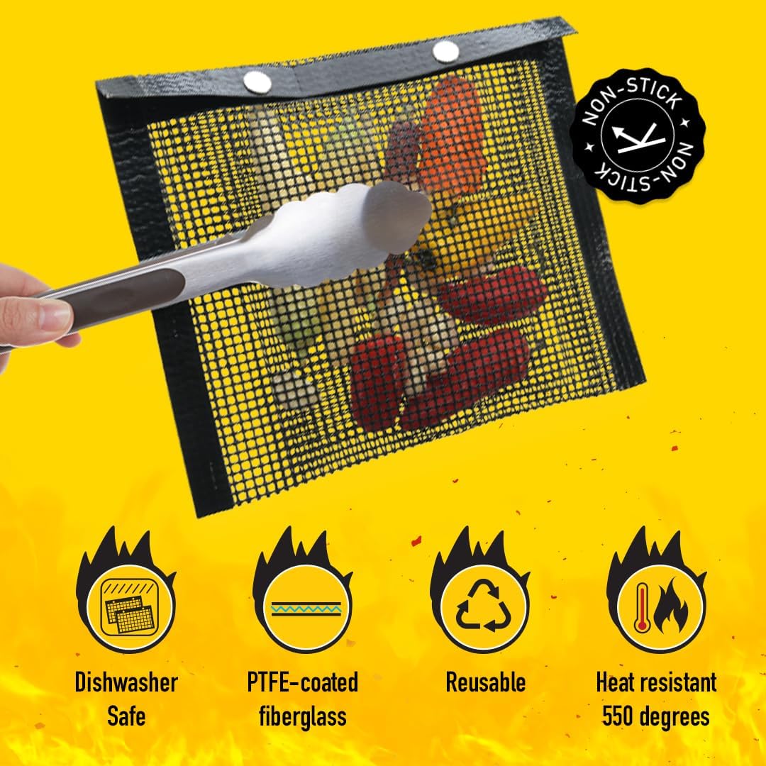 Grilling bags, Medium, Set of 2, BBQ accessory, Suitable for Electric Gas Charcoal Smoker Outdoor Grills, Evenly Cooks, Holds Flavor, Heat Resistant, Easy to Clean, Reusable, Non-stick, BBQ Must Have, Thoughtful Gift (8.6" x 10.6")