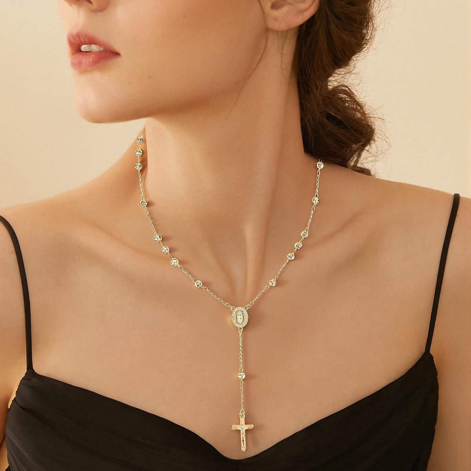Rosary Cross Necklace for Women, Gold Plated Silver Rose Gold Virgin Mary Rosary 4mm Bead Catholic Jewelry Necklace