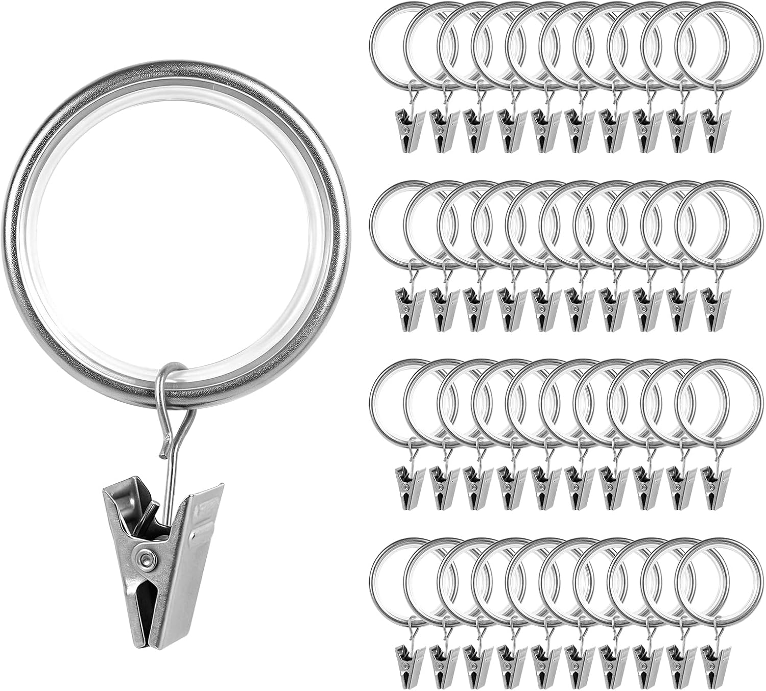 40Pack Silent Curtain Rings with Clips, Aluminum Alloy Clip Ring for Drape Rod, 1.08in Inner Diameter Rings Compatible with up to 0.8 inch Drapery Rod