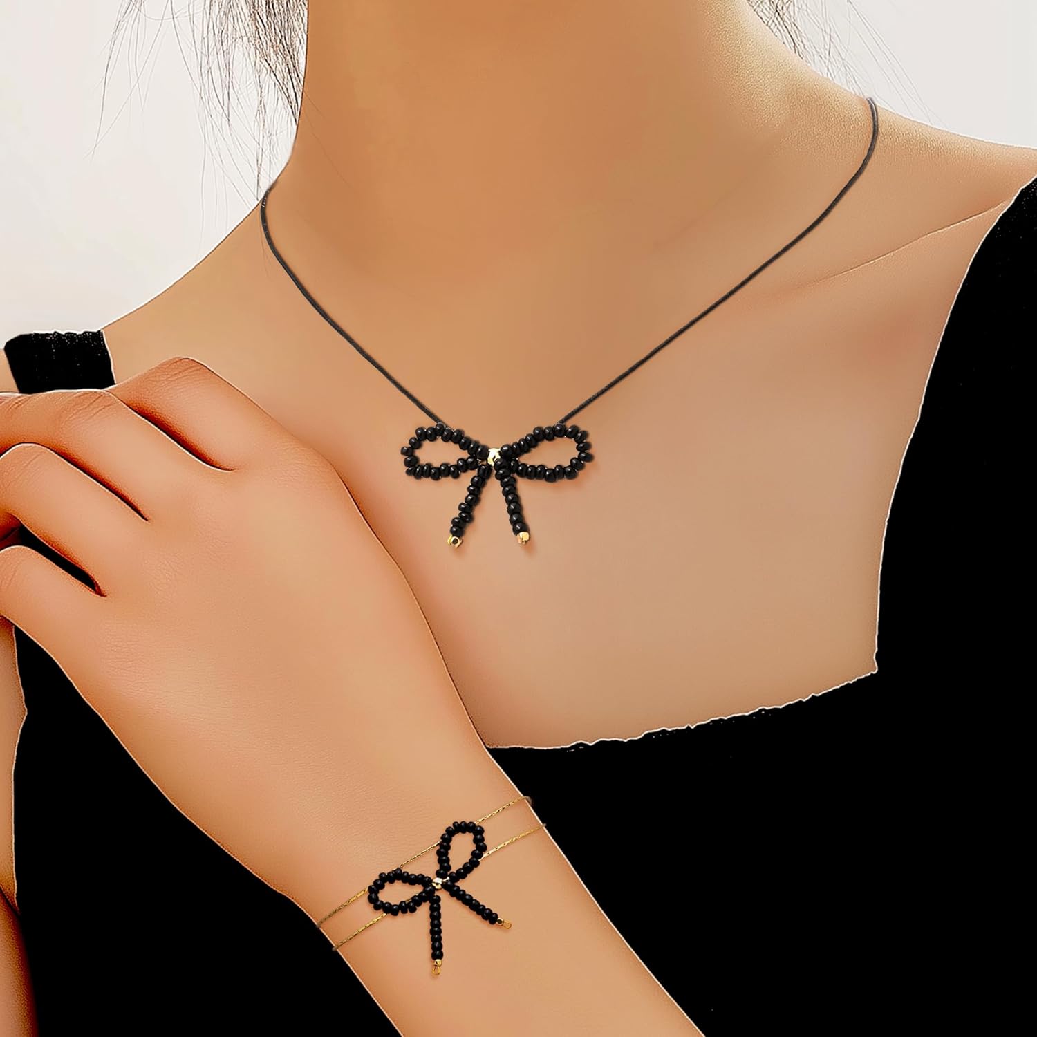 Beaded Bow Layered Gold Bracelets for Women, Boho Handmade Adjustable Small Beads Stackable Charm Bracelet Prom Holiday Outfit Jewelry Gift. - Image 3