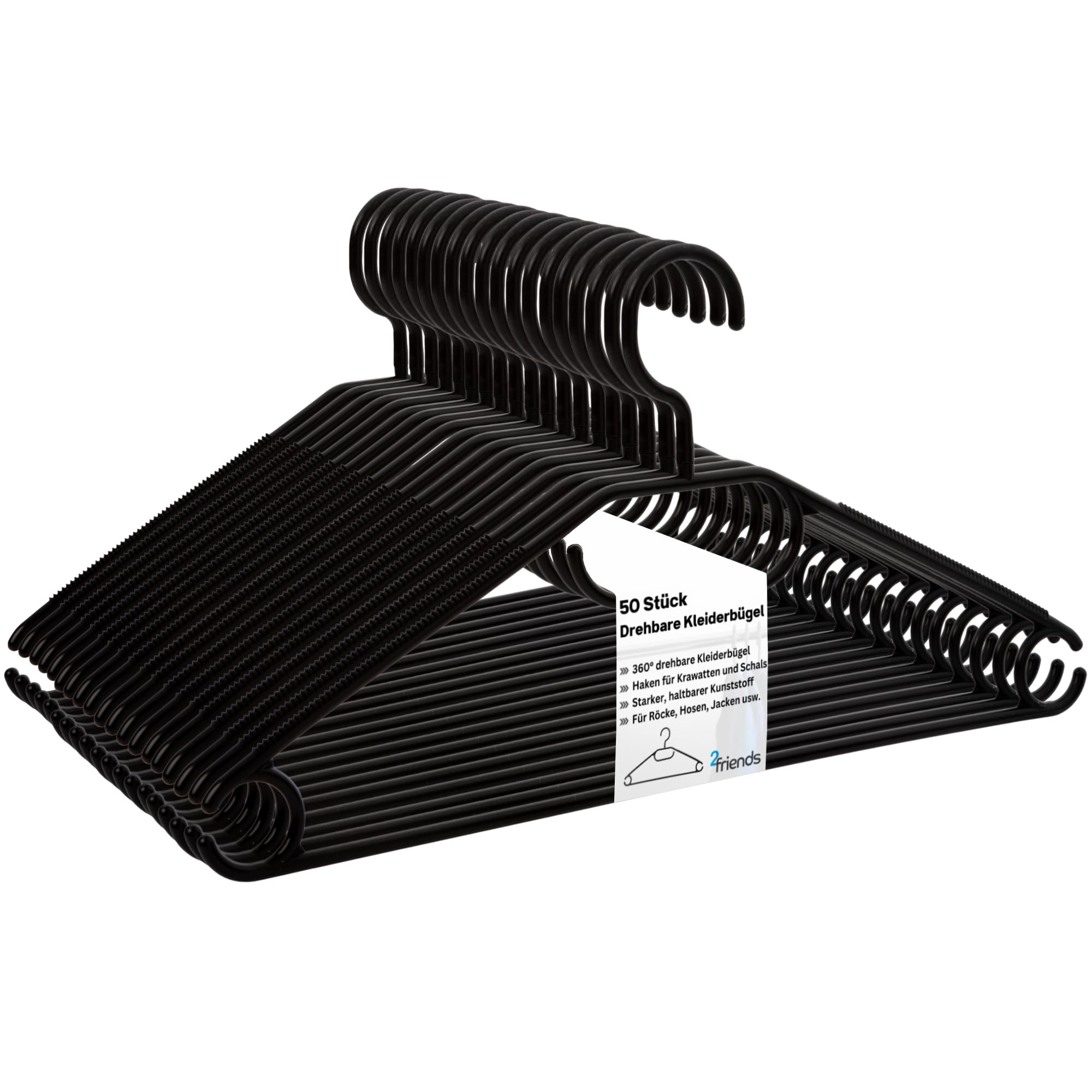 Kleiderbügel schwarz 50 Stück mit drehbaren Haken, Bügel Kunststoff, Kleiderbügel Plastik schwarz, Made in EU, Kleiderbügel Haken platzsparend, 100% Recyclingmaterial