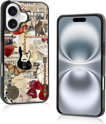 Aesthetic Sheet Music CD Collage Phone Case Compatible with iPhone 16 Case 6.1 Inch, TPU Shockproof Protection Retro Guitar Classical Music Phone Case for Girls Women Cover Black