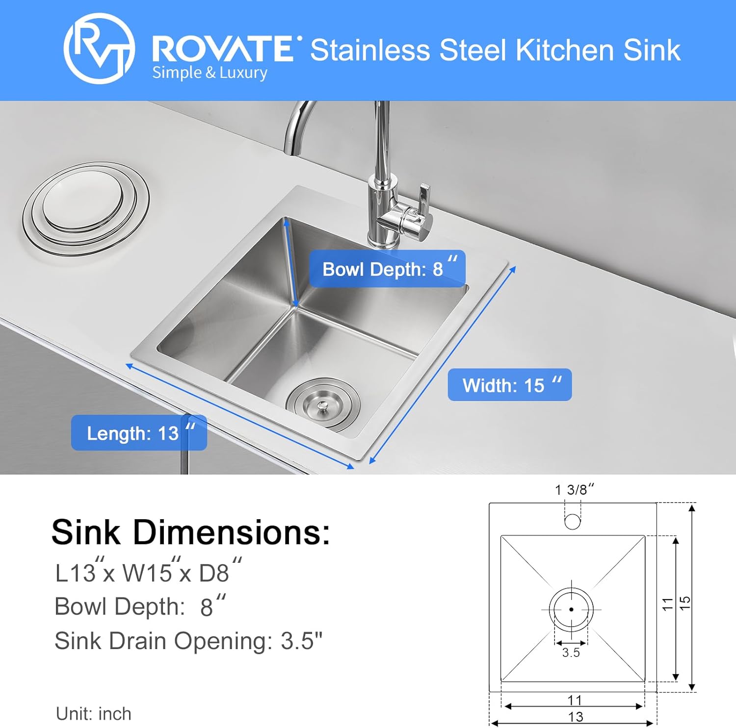 ROVATE 13 x 15 x 8 inch Drop in Bar Sink, Small Kitchen Sink Topmount Single Bowl, 304 Stainless Steel Bar Sinks Overmount Handmade with Basket Strainer