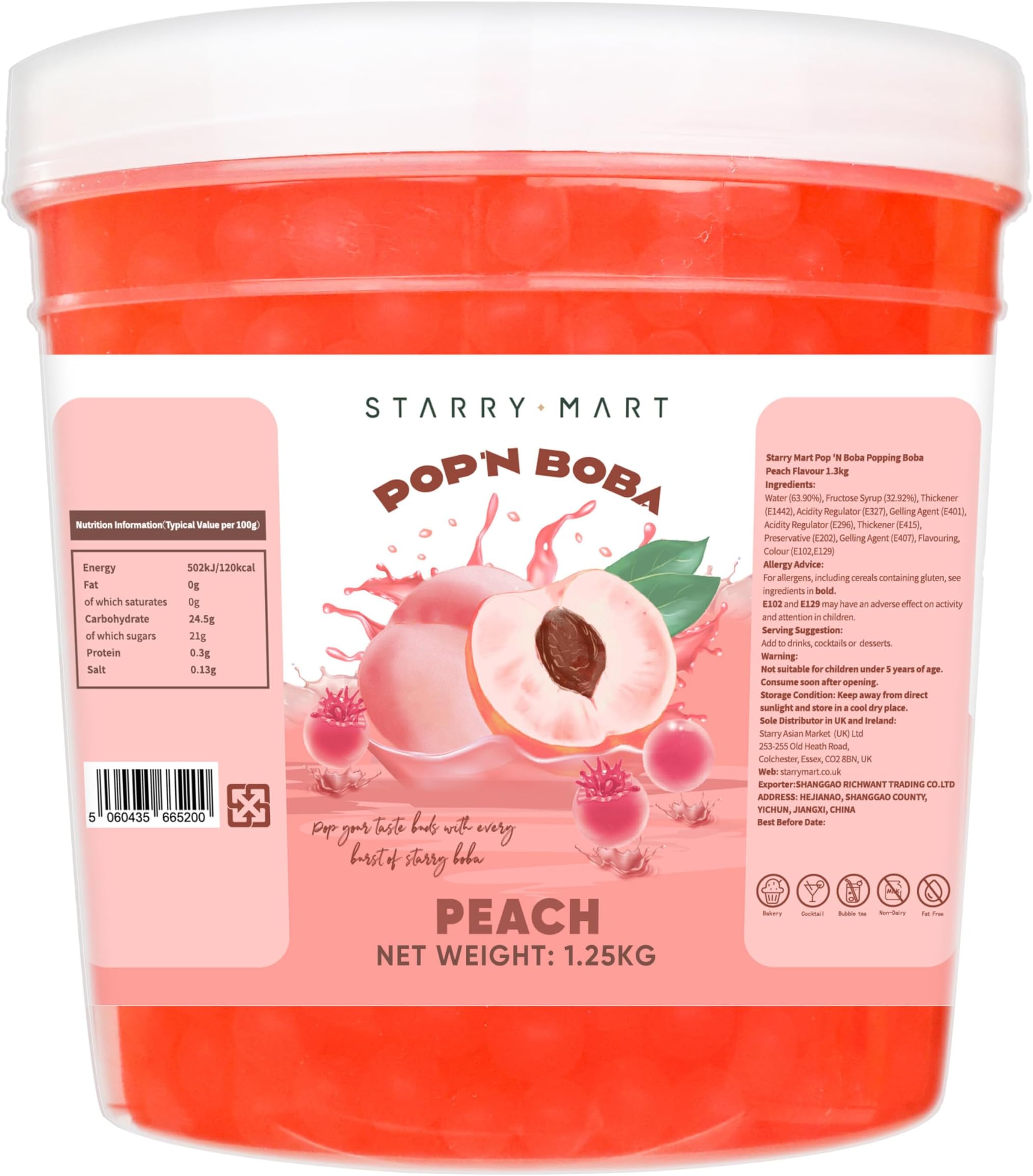 POP'N BOBA Peach Popping Boba for Bubble Tea (1.2kg), Bursting Pearls Bubble, for Shakes, Dessert Topping, Smoothie and Cocktails
