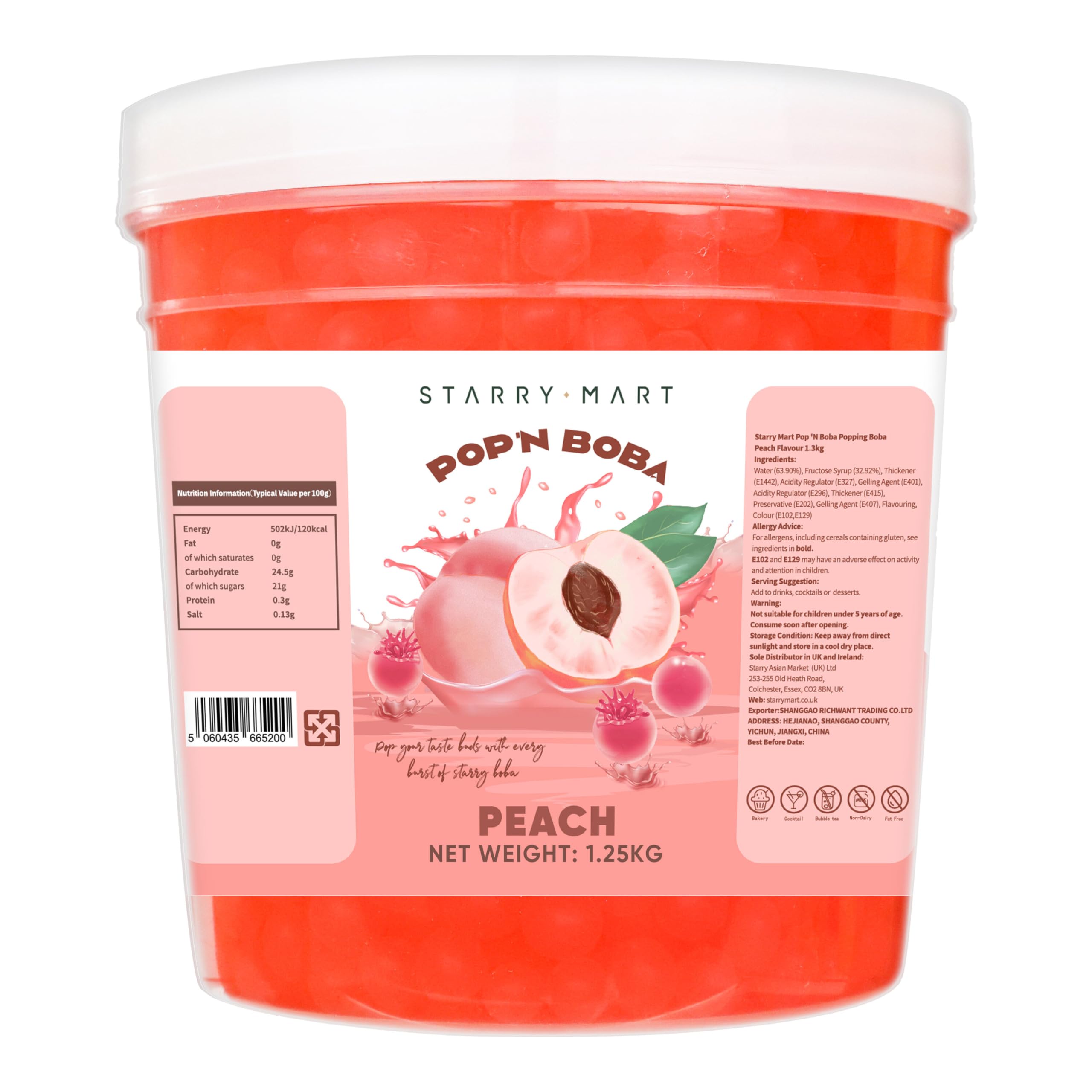 POP'N BOBA Peach Popping Boba for Bubble Tea (1.25kg), Bursting Pearls Bubble, for Shakes, Dessert Topping, Smoothie and Cocktails