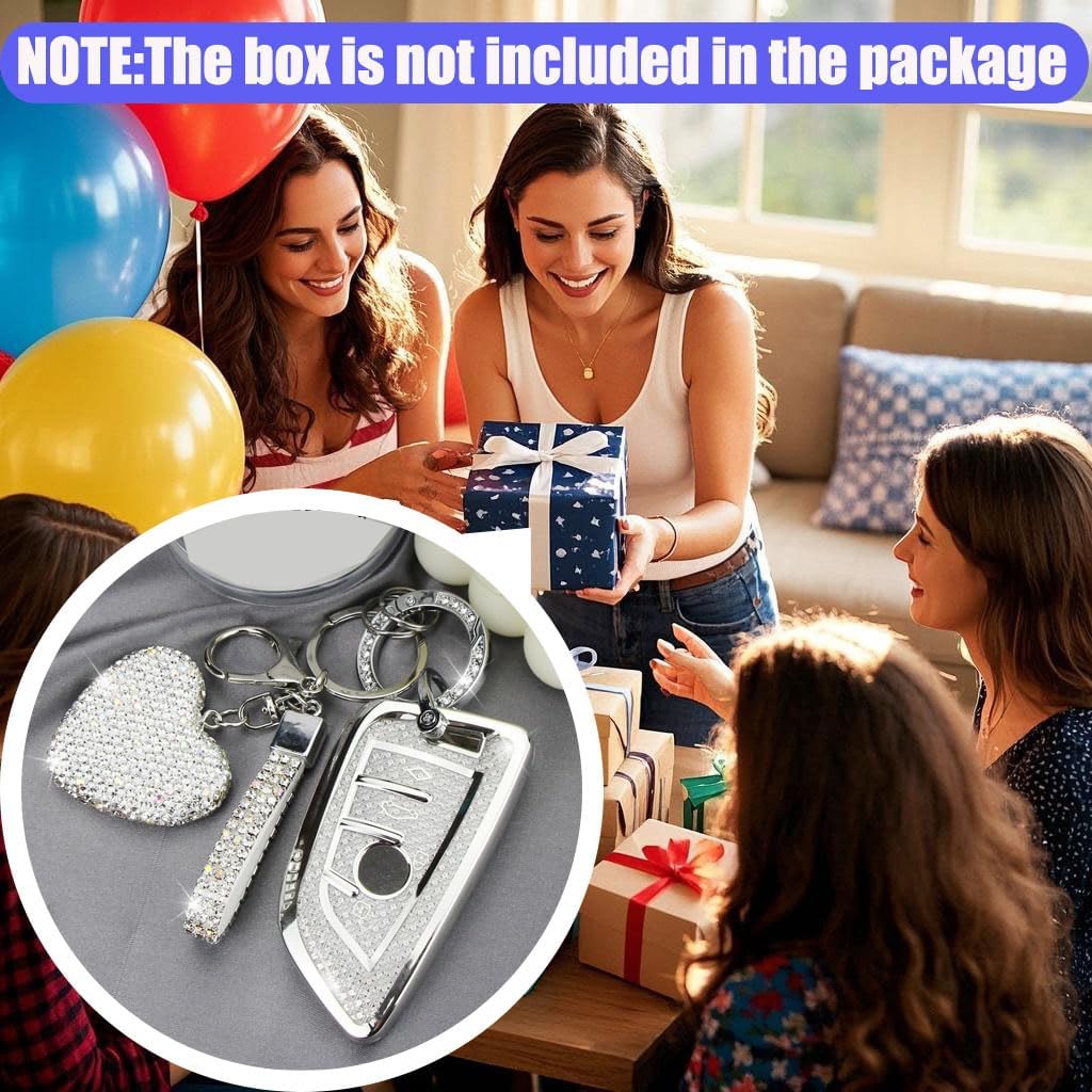 Key Fob Cover with Diamond Keychain Car Key Holder Case Compatible with BMW X1 X2 X3 X5 X6 X7 GT and 2 5 6 7 Series Smart Remote Key Protector for Women, 3 Buttons (Silver-Heart)