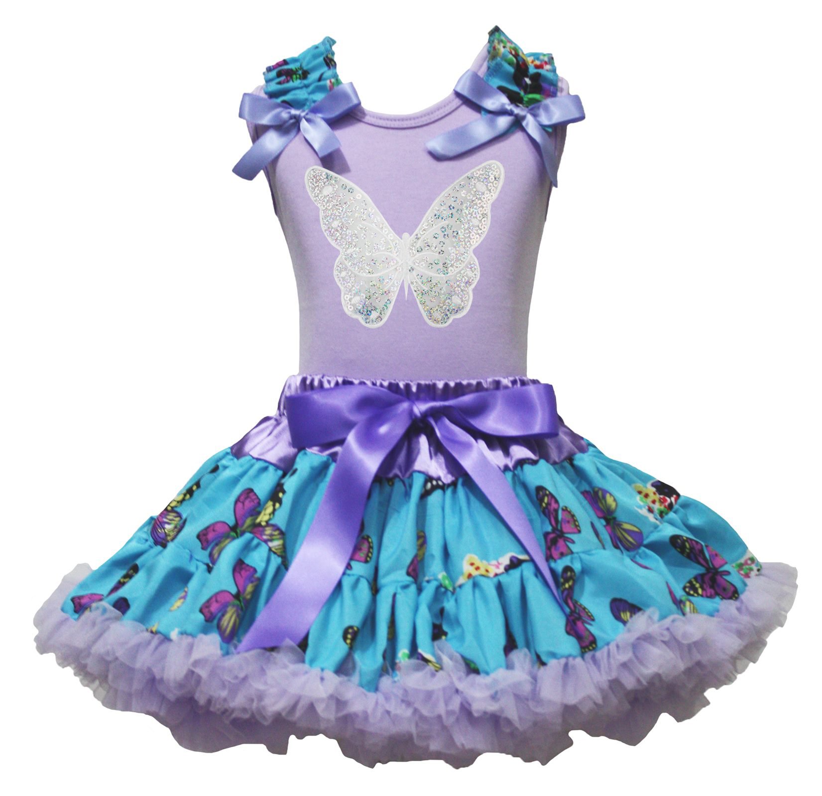 Camiseta algodón Sparkle Mariposa niña con falda pettiskirt lavanda set ropa 1-8Y 2
