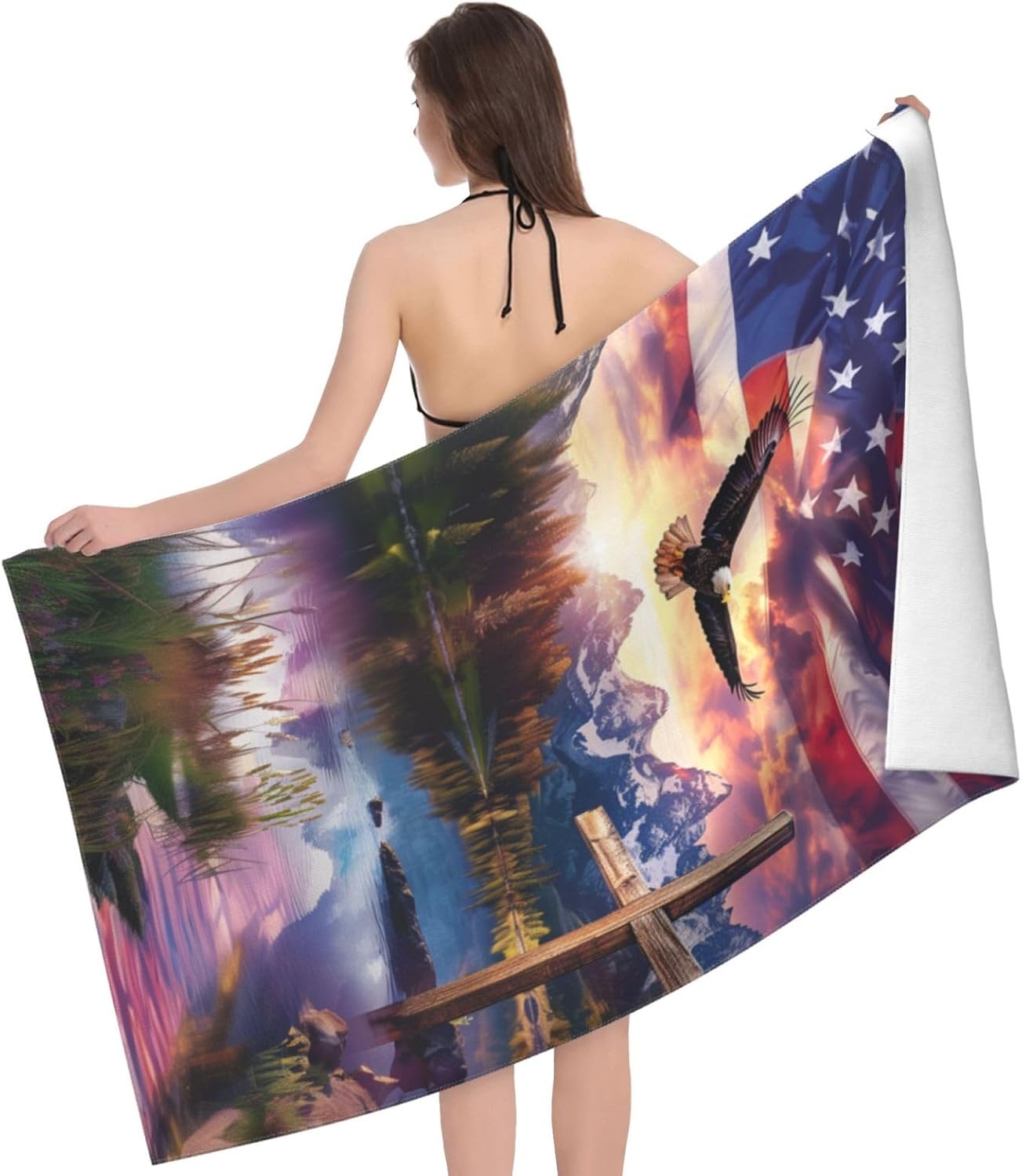 Cool Eagle Beach Towel, 32x52in Microfiber Quick Dry Patriotic American Flag Cross Mountain Bath Towels, Soft Lightweight Oversized Sand Free, for Travel Pool Swimming Gym Decor, Gifts