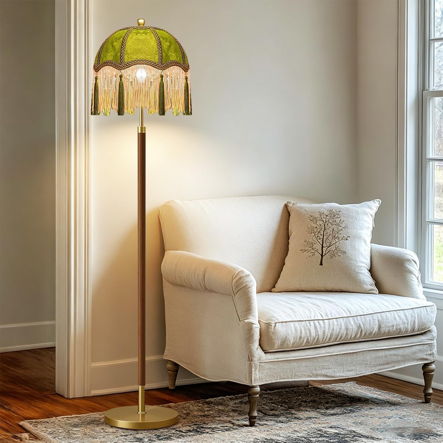 ILLMTW Vintage Floor Lamp for Living Room,Bedroom,Dimmable Standing Lamp with Remote,Green Mid Century Gold Tall Lamp Boho Retro Floor Light Wood Fringe Tassel Flower Unique Tiffany Victorian Decor image 3