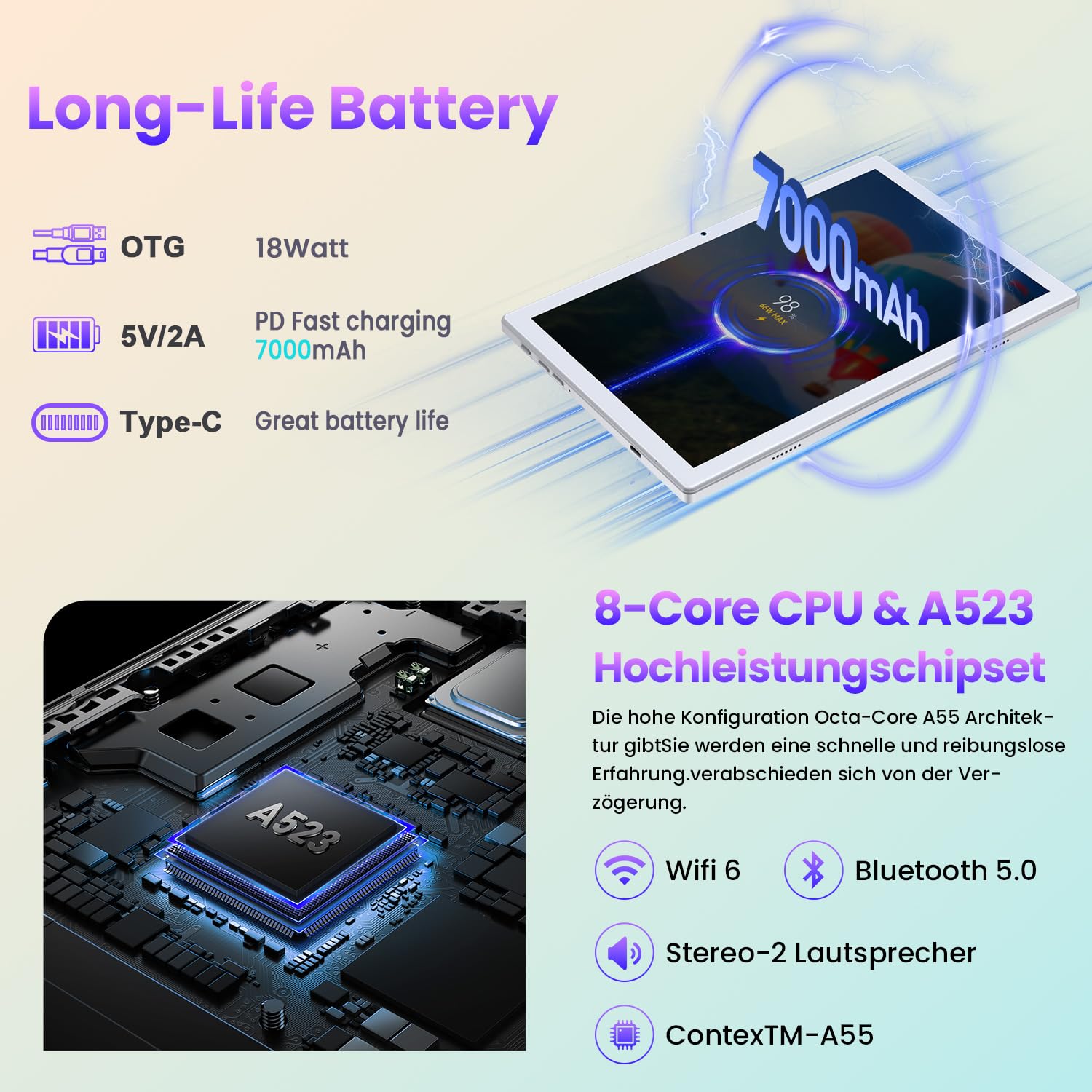 ZONKO Android 14 Tablet 10 pollici 3 in 1 Tablet con tastiera mouse penna, 256 GB TF 64 GB ROM Octa core, WiFi 6 & Bluetooth 5.0 | Certificazione Google GMS Widevine L1 | 7000 mAh |13 MP | Tablet PC