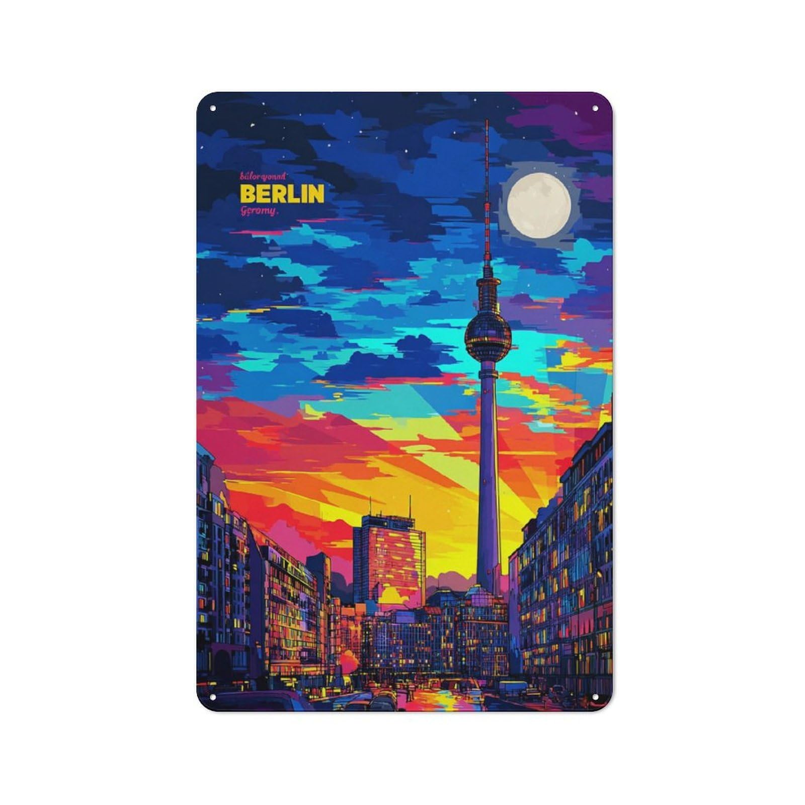 Junmoney Berlin Tower Night Sky -1 Retro Metal Sign 30X20cm, Garage Style Shed Wall Plaque For Garage, Hobby Room, Office Or Man Cave