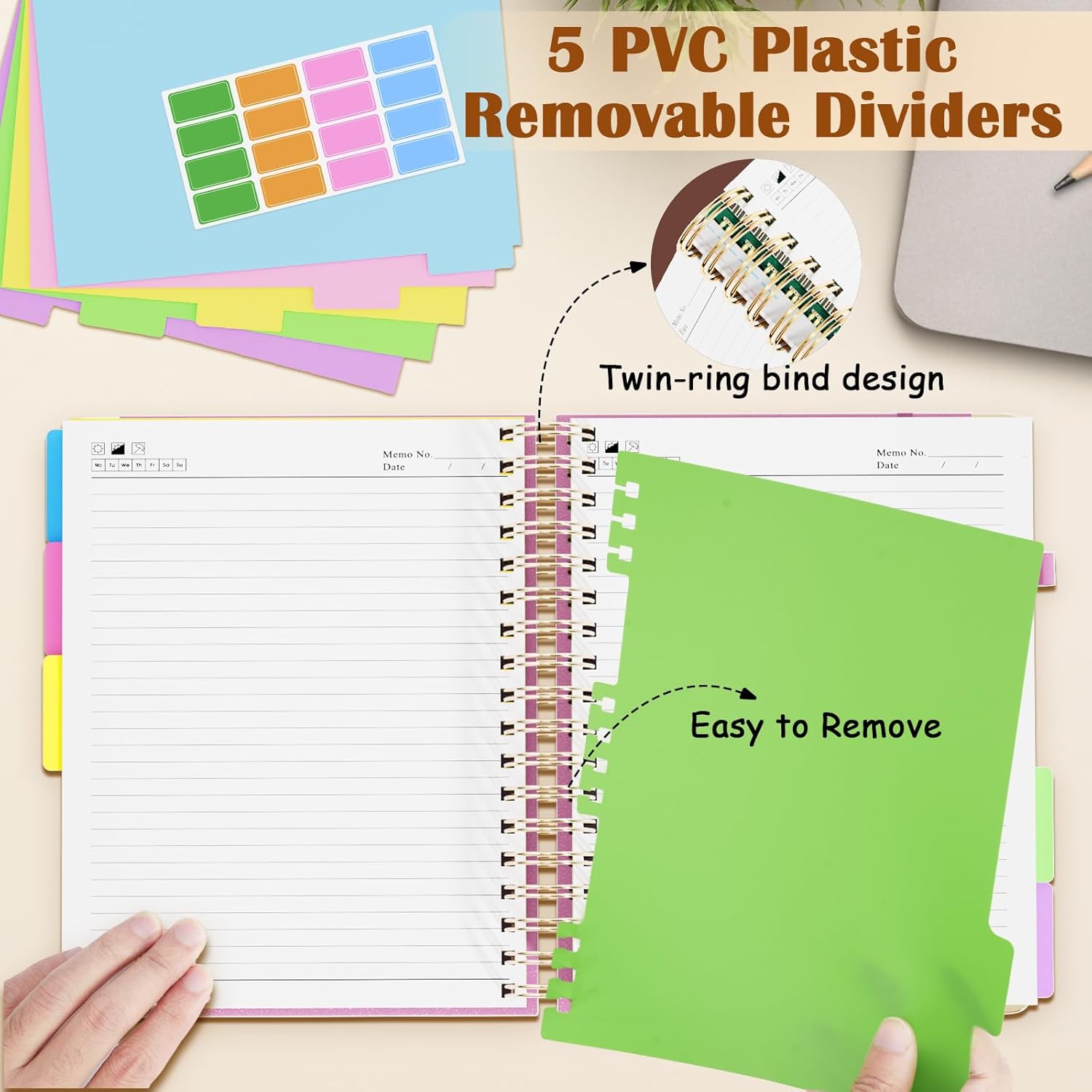 3 Packs Hardcover Spiral Notebook, B5 Journal with Removable Dividers Tabs, 5 Subject Notebook College Ruled, 200 Pages 8"x10" Leather Notebooks for Work School Study, Lined Journal for Women(Pink/Purple/Cyan)