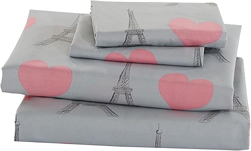 Elegant Homes Juego de sábanas con fundas de almohada, multicolor, diseño de la Torre Eiffel de París, con corazones, color rosa y gris, para niñas,