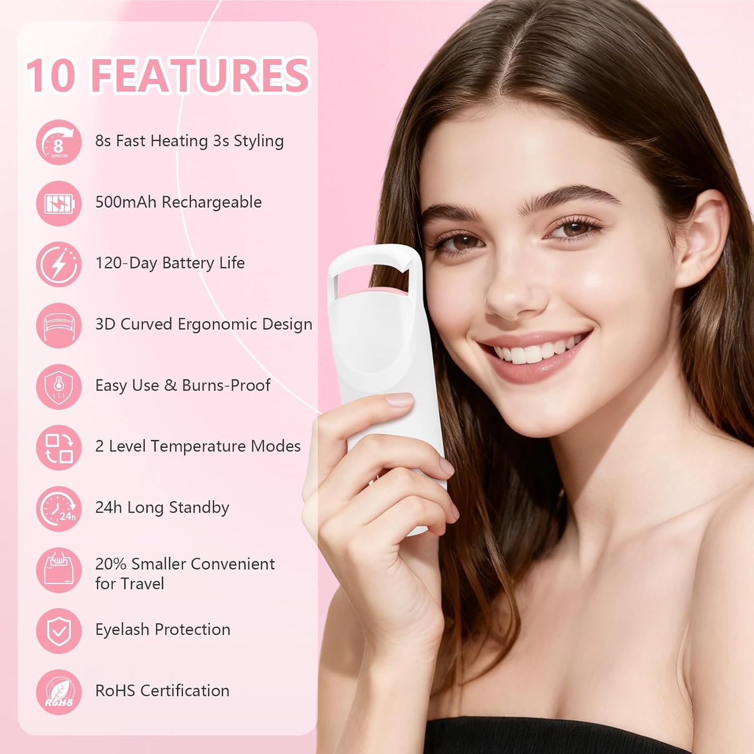 Heated Eyelash Curler, Electric Eyelash Curler with 2-Temp Modes & Type-C Charging, 8s Fast Heat 3s Style 24H Lift for Long-Lasting Natural Effortless Curls, Mini Heated Lash Curler for Women(White) - Image 2