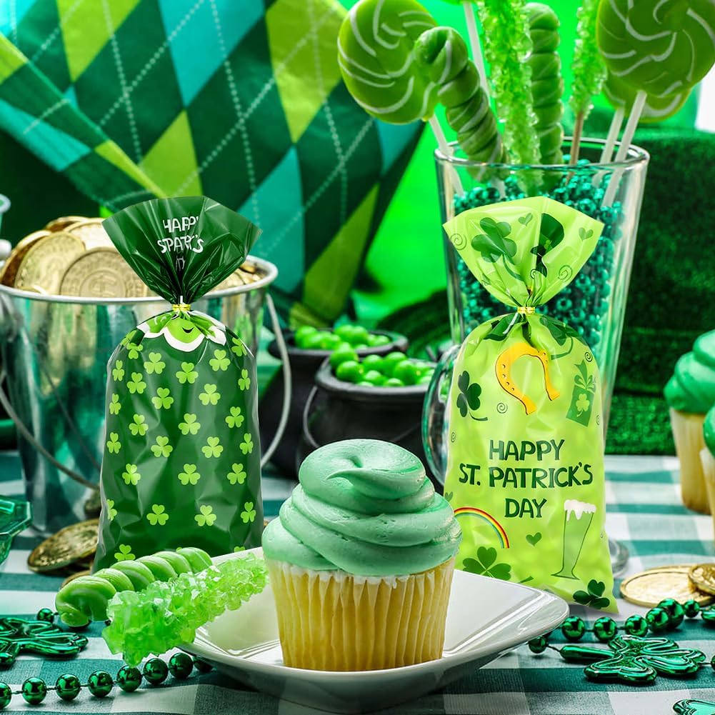 100 Pieces St. Patrick's Day Goodies Cellophane Bags, Leprechaun Hat Rainbow Beer Shamrock HAPPY ST. PATRICK'S DAY Plastic Candy Cookie Treat Gift Bags for Saint Patrick's Day Party Favor Supplies