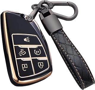Key Fob Cover for Chevy GMC with Keychain, Silverado Sierra Tahoe Suburban Equinox Traverse Yukon Denali Terrain Buick Envision Premium Soft TPU Case (5 Buttons Black)