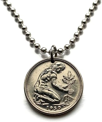 1950 Germany Deutschland 50 Pfennig coin pendant German lady woman planting oak tree seedling gardener Berlin Frankfurt Hamburg Stuttgart Cologne Dusseldorf Dortmund Dresden Hanover Nuremberg n000313