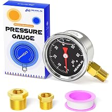 MEANLIN MEASURE 0-60Psi Stainless Steel 1/8" NPT 1.5" FACE DIAL, Glycerin Filled Fuel Pressure Gauge, Liquid Filled, Lower Mount Black with 1/8" x 1/4" NPT and 1/8" x 3/8" NPT Hex Bushing