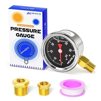 MEANLIN MEASURE 060Psi Stainless Steel 1/8" NPT 1.5" FACE DIAL, Glycerin Filled Pressure Gauge, Liquid Filled, Lower MountBlack with 1/4" NPT and 3/8" NPT Hex Bushing