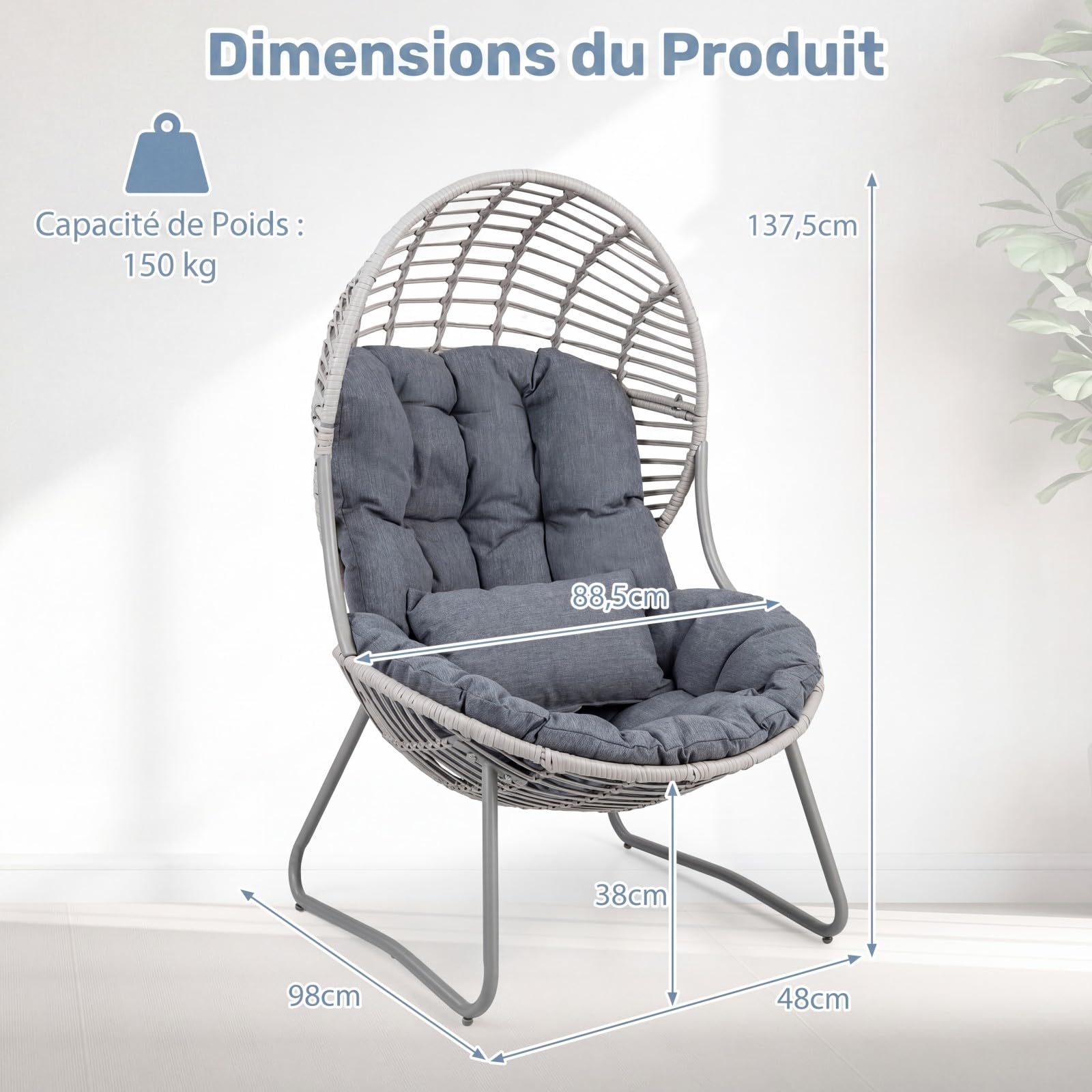 COSTWAY Fauteuil Œuf sur Pied en Rotin PE, Coussins Amovibles